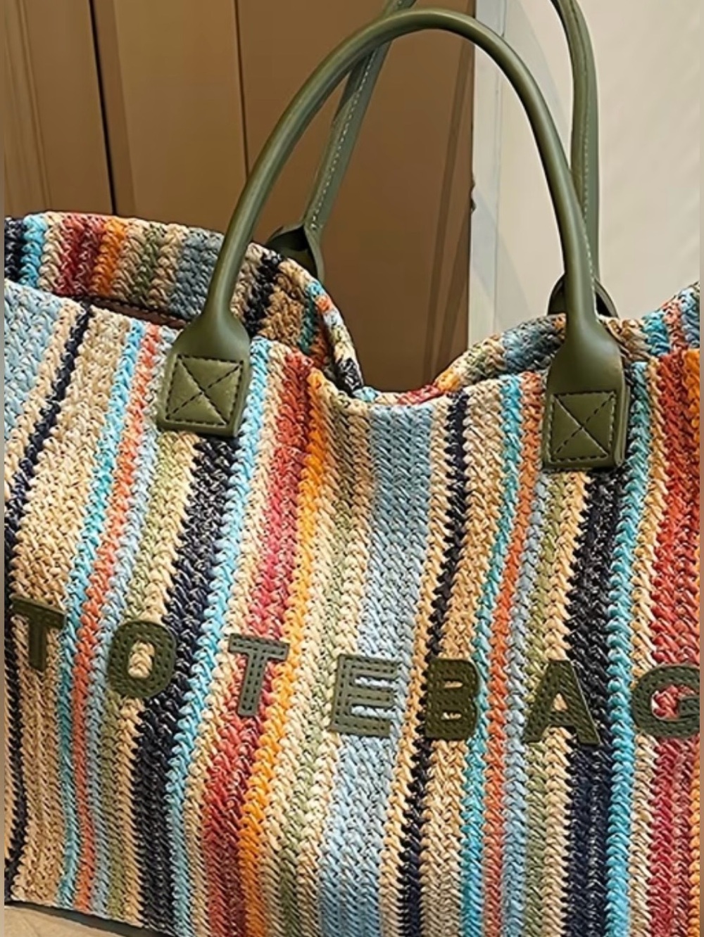 Tote Bag - Multicolor Striped Woven Tote with Olive Handles - Picture 4 of 4